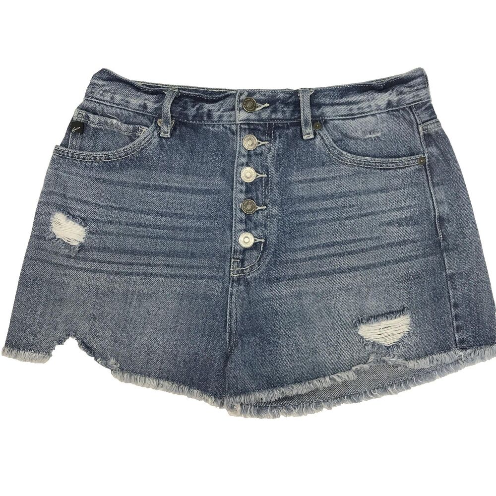 KanCan Denim Shorts Womens Large Blue Distressed Button Fly Raw Hem KC8615M